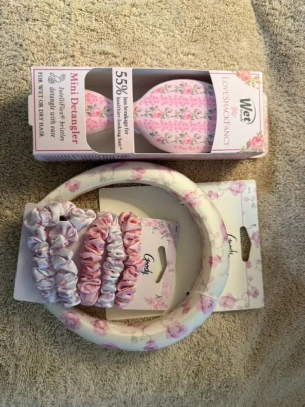 Floral Hair Accessories Bundle Mini Detangler Brush Headband & Scrunchies Betty